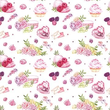 Watercolor image of a seamless pattern of sweets, candies in the shape of hearts Illustrazione stock