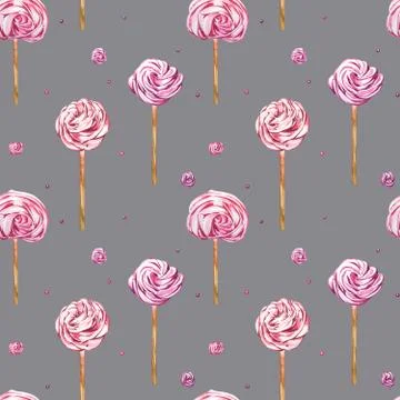 Watercolor image of a seamless pattern of sweets, candies in the shape of hearts Stock Illustration