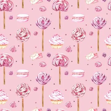 Watercolor image of a seamless pattern of sweets, candies in the shape of hearts Stock Illustration