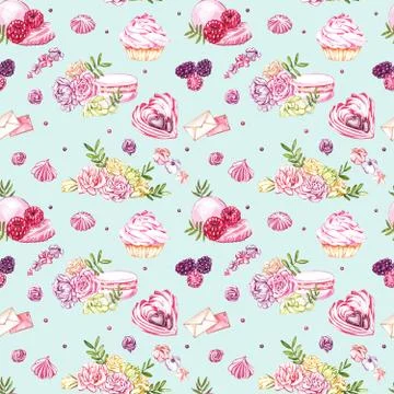Watercolor image of a seamless pattern of sweets, candies in the shape of hearts 스톡 일러스트
