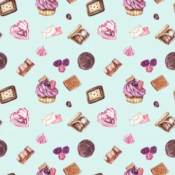 Watercolor image of a seamless pattern of sweets, candies in the shape of hearts Stock Illustration