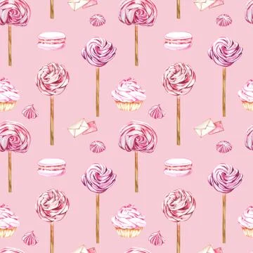 Watercolor image of a seamless pattern of sweets, candies in the shape of hearts Stock Illustration