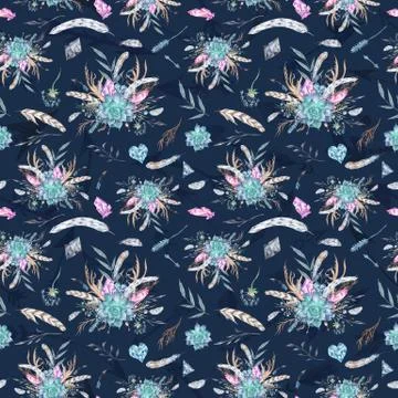 Watercolor Indigo Boho Pattern Stock Illustration