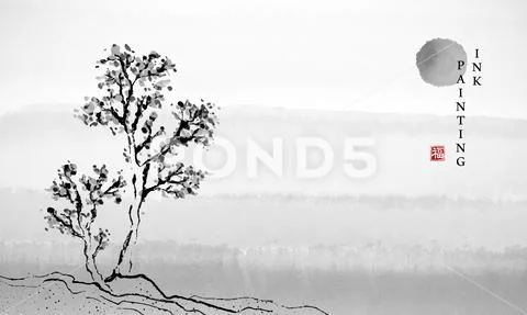 Watercolor ink paint art vector texture illustration landscape of tree and su Stock Illustration