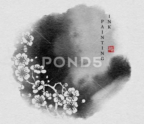 Watercolor ink paint art vector texture illustration plum flower pattern back Stock Illustration
