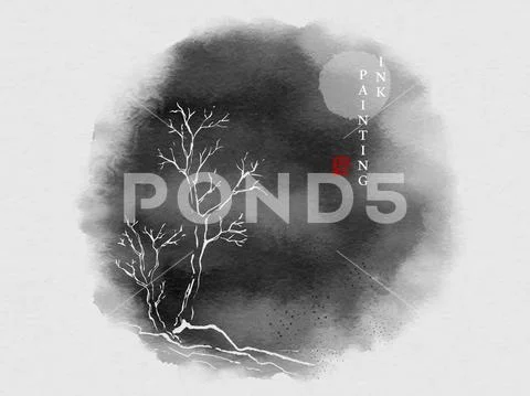 Watercolor ink paint art vector texture illustration tree and the moon backgr Stock Illustration