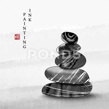 Watercolor ink paint art vector texture illustration zen balance stone backgr Stock Illustration