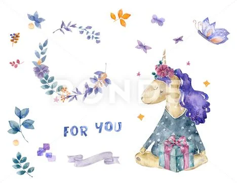 Watercolor isolated cute watercolor unicorn clipart. Nursery unicorns illustr Stock Illustration