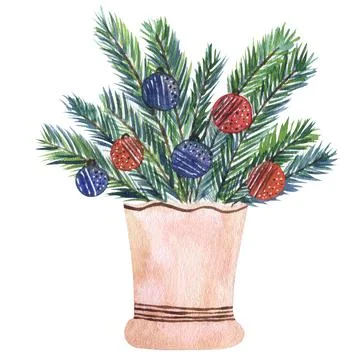 Watercolor isolated element pot with pine branches and christmas decorations Stock Illustration