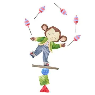 Watercolor Juggling Monkey Circus Performance Art Иллюстрация