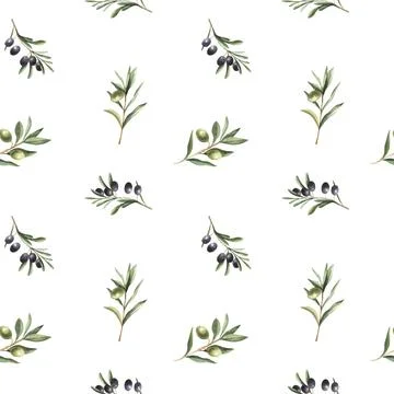 Watercolor kitchen seamless pattern of green and black olives. Hand painted Stock Illustration