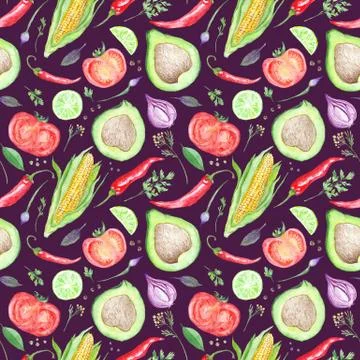 Watercolor Kitchen Vegetarian Pattern Stock Illustration