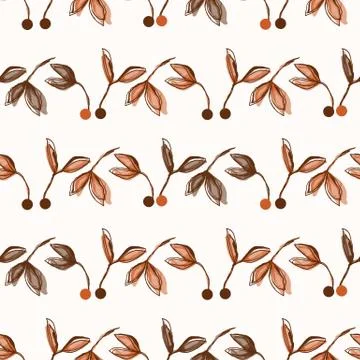 Watercolor Leaf Stem Vector Seamless Pattern. Leaves Berry Stripe Hand Painted 스톡 일러스트