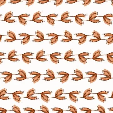 Watercolor Leaf Stem Vector Seamless Pattern. Drawn Leaves Stripe Hand Painted Stock Illustration