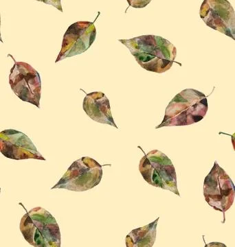 Watercolor leaves seamless pattern on yellow background. Illustration for cards Stock Illustration