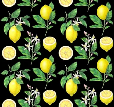 Watercolor lemon pattern on black background Illustrazione stock