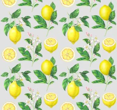 Watercolor lemon pattern on gray background Stock Illustration