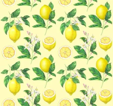 Watercolor lemon pattern on yellow background Stock Illustration