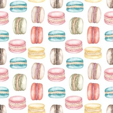 Watercolor Macaron seamless pattern, Bakery Digital Paper, Yummy Cookies re.. 스톡 일러스트