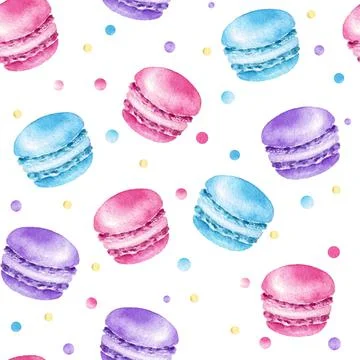 Watercolor macaroon sweets seamless pattern. Stock Illustration