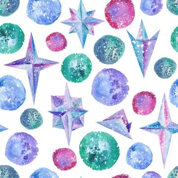 Watercolor Magic Pattern with Circles and Crystals Stock Illustration