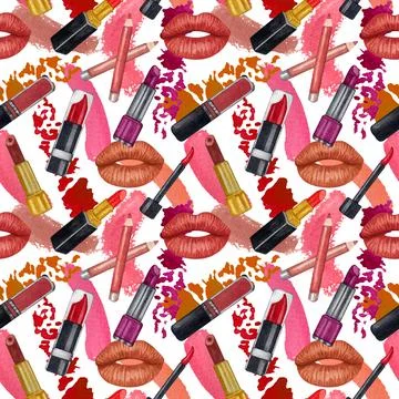 Watercolor make up seamless pattern. Hand drawn seamless cosmetics pattern wi Stock Illustration