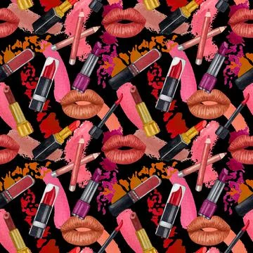 Watercolor make up seamless pattern. Hand drawn seamless cosmetics pattern wi Stock Illustration