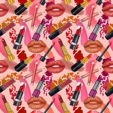Watercolor make up seamless pattern. Hand drawn seamless cosmetics pattern wi Stock Illustration