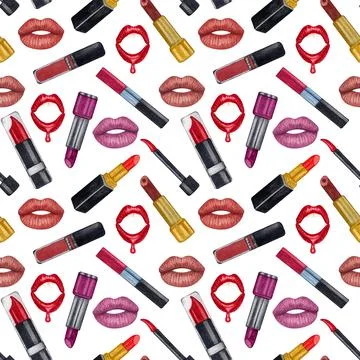 Watercolor make up seamless pattern. Hand drawn seamless cosmetics pattern wi Stock Illustration