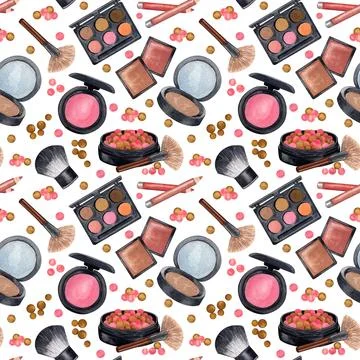 Watercolor make up seamless pattern.Hand drawn seamless cosmetics pattern wit Stock Illustration