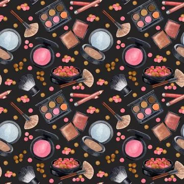 Watercolor make up seamless pattern.Hand drawn seamless cosmetics pattern wit Stock Illustration