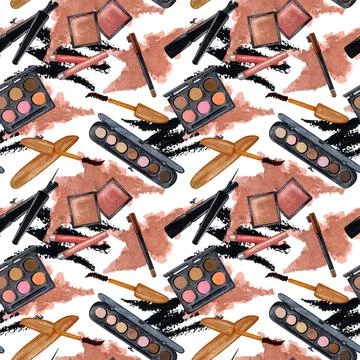 Watercolor make up seamless pattern.Hand drawn seamless cosmetics pattern wit Stock Illustration