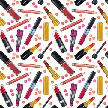 Watercolor make up seamless pattern.Hand drawn seamless cosmetics pattern wit Stock Illustration