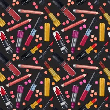 Watercolor make up seamless pattern.Hand drawn seamless cosmetics pattern wit Stock Illustration
