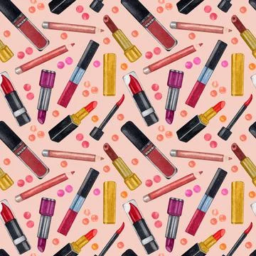 Watercolor make up seamless pattern.Hand drawn seamless cosmetics pattern wit Stock Illustration