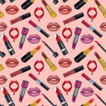 Watercolor make up seamless pattern.Hand drawn seamless cosmetics pattern wit Stock Illustration