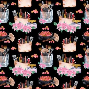 Watercolor make up seamless pattern.Hand drawn seamless cosmetics pattern wit Stock Illustration