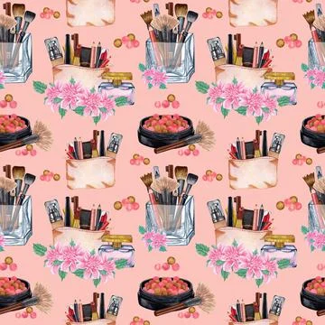 Watercolor make up seamless pattern.Hand drawn seamless cosmetics pattern wit Stock Illustration