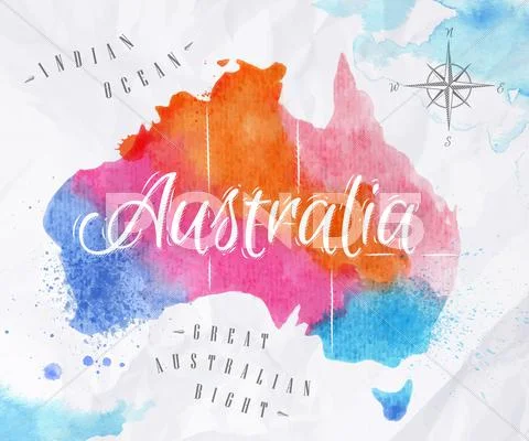 Watercolor map Australia pink blue Stock Illustration