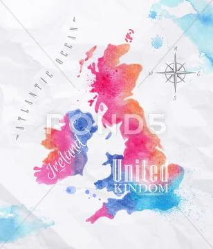 Watercolor map United kingdom and Scotland pink blue Stock Illustration