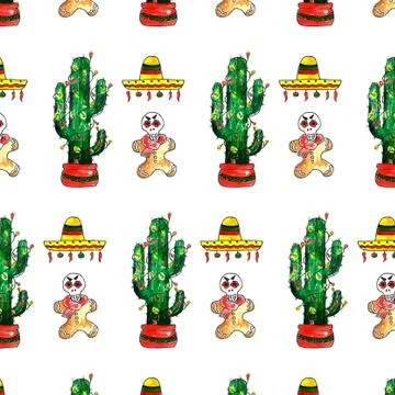 Watercolor Merry Christmas objects pattern. Mexican new year. Dia de los Muer Stock Illustration