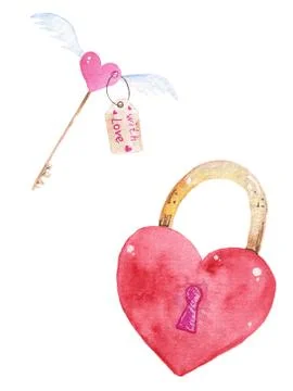 Watercolor mini set of elements for Valentine's day. The key to the heart. Stock Illustration