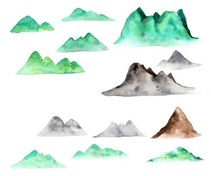 Watercolor mountain hand painted green grey brown illustration collection set Stock Illustration