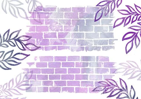 Watercolor multicolored Brick wall texture and leafs elements on white Illustrazione stock