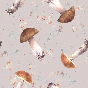 Watercolor Mushrooms seamless pattern. Fall harvest porcini, red cap Boletus Stock Illustration