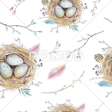 Watercolor natural floral vintage seamless pattern with nests,wr Stock Illustration
