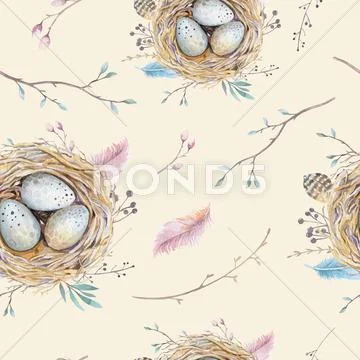 Watercolor natural floral vintage seamless pattern with nests,wr Stock Illustration