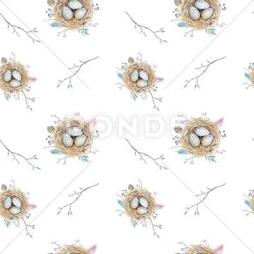 Watercolor natural floral vintage seamless pattern with nests,wr Stock Illustration
