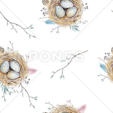 Watercolor natural floral vintage seamless pattern with nests,wr Stock Illustration