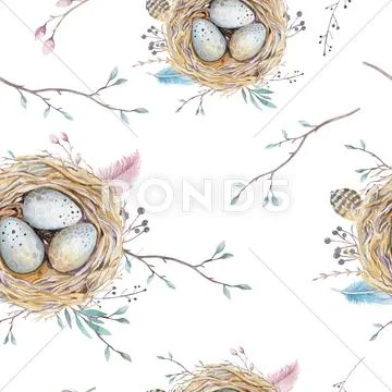 Watercolor natural floral vintage seamless pattern with nests,wr Stock Photos